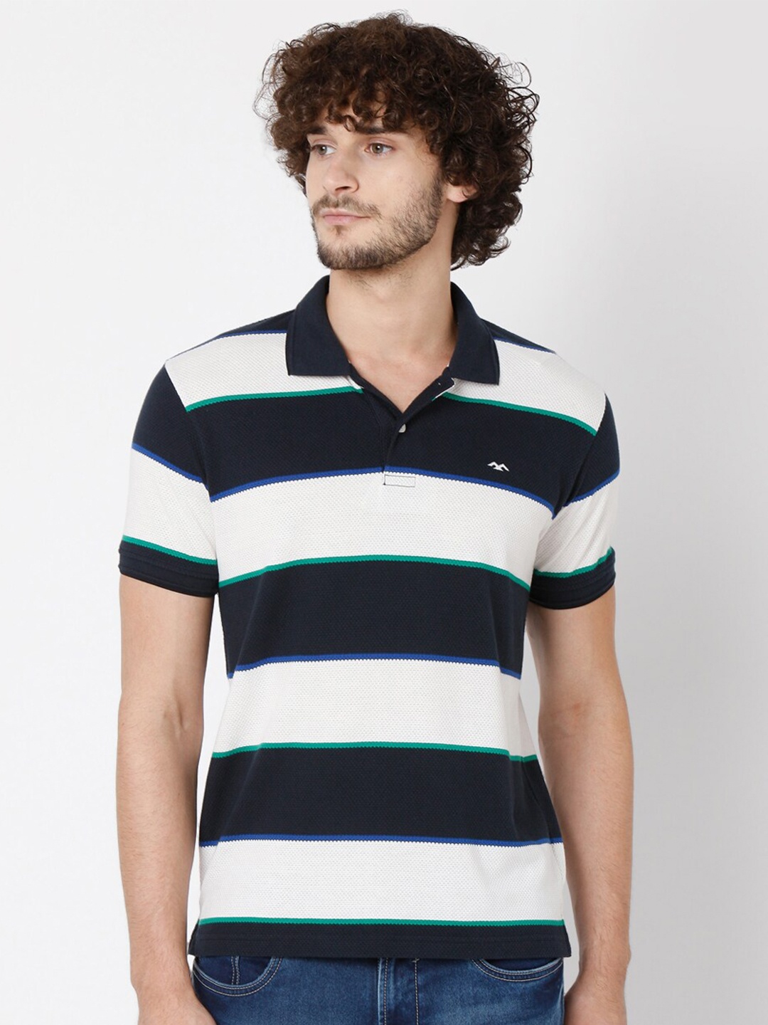 

Mufti Men Navy Blue & White Striped Polo Collar Slim Fit T-shirt