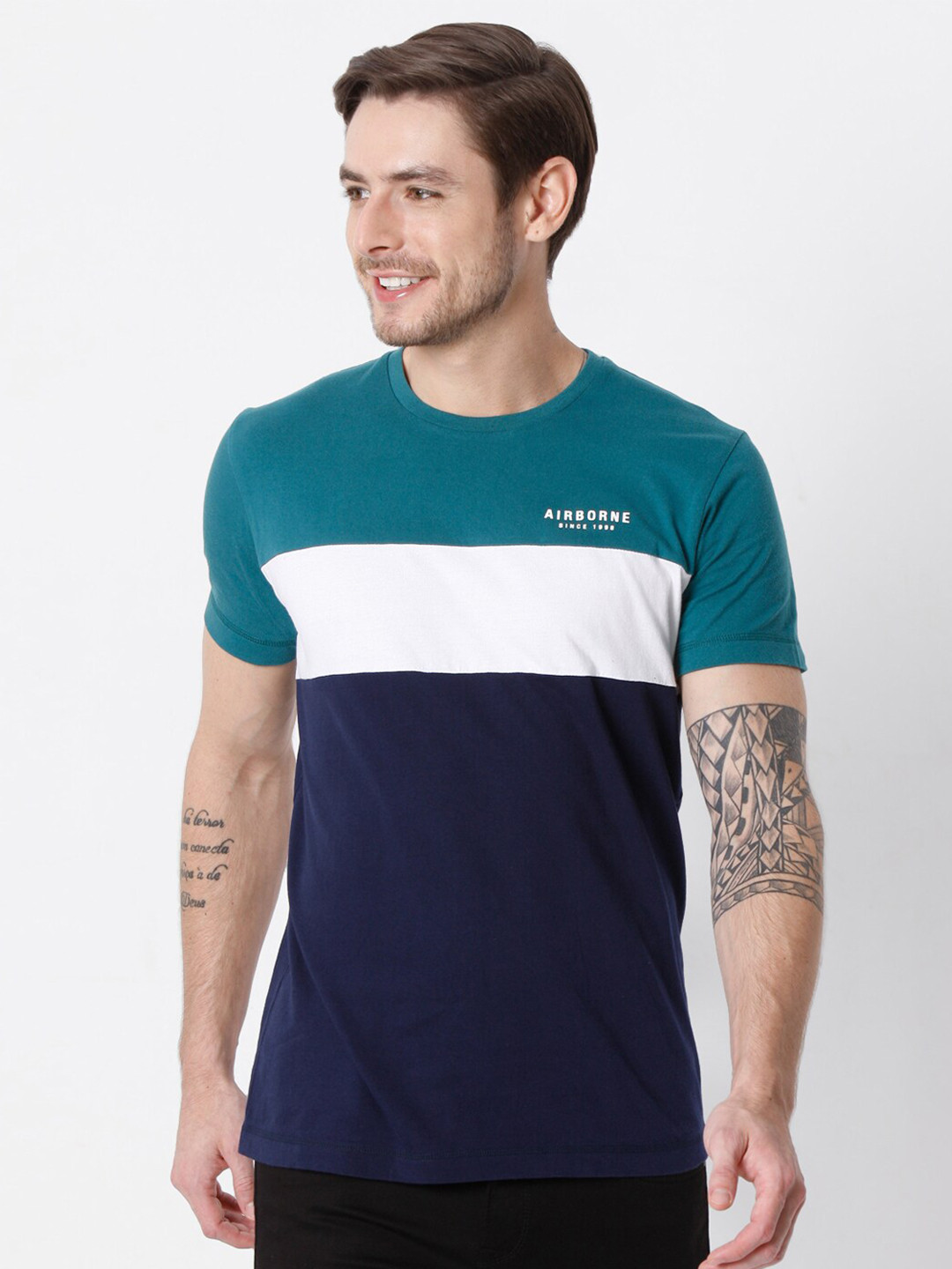 

Mufti Men Navy Blue Colourblocked Pure Cotton Slim Fit T-shirt