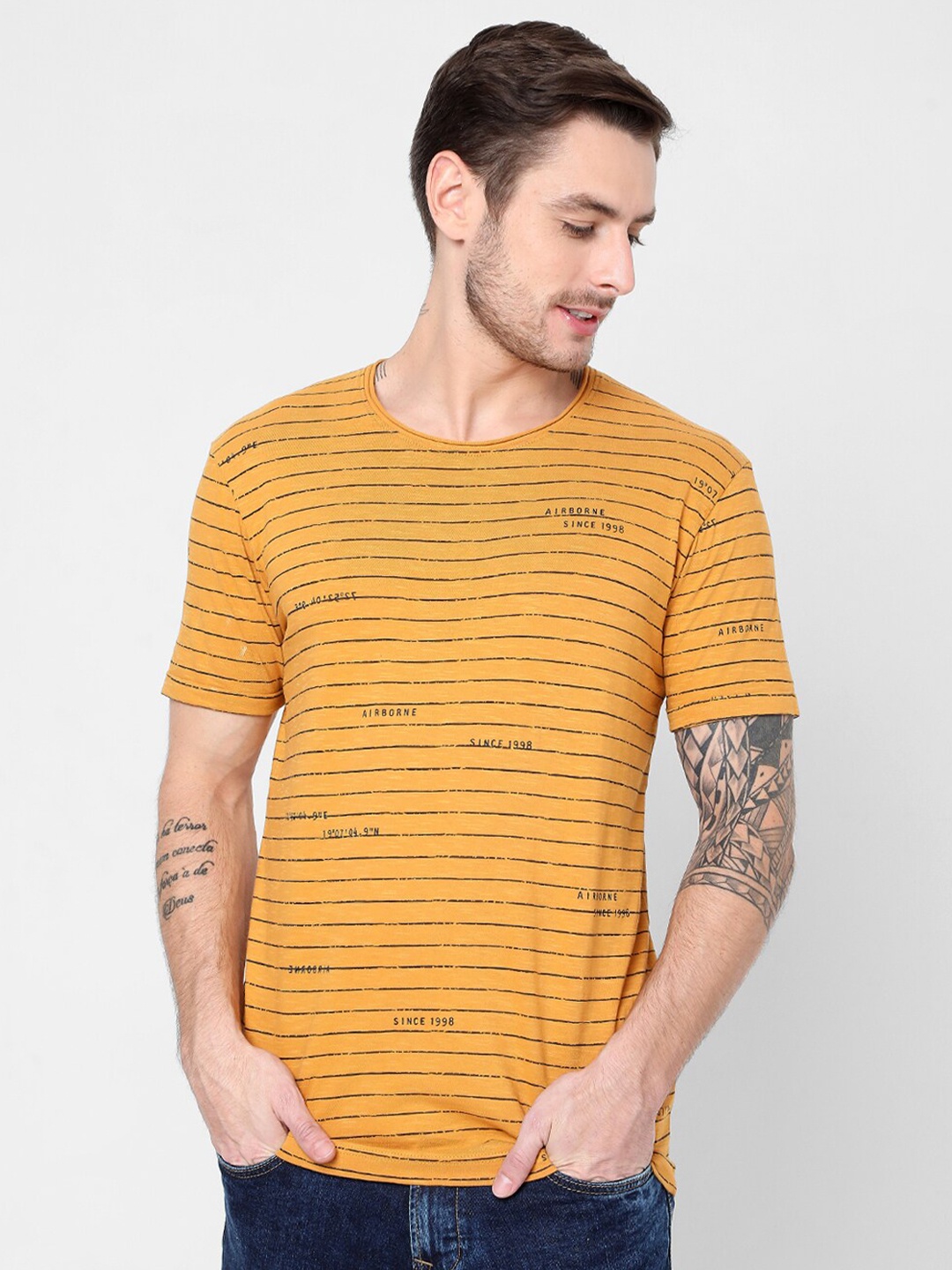 

Mufti Men Mustard Yellow Striped Slim Fit Pure Cotton T-shirt