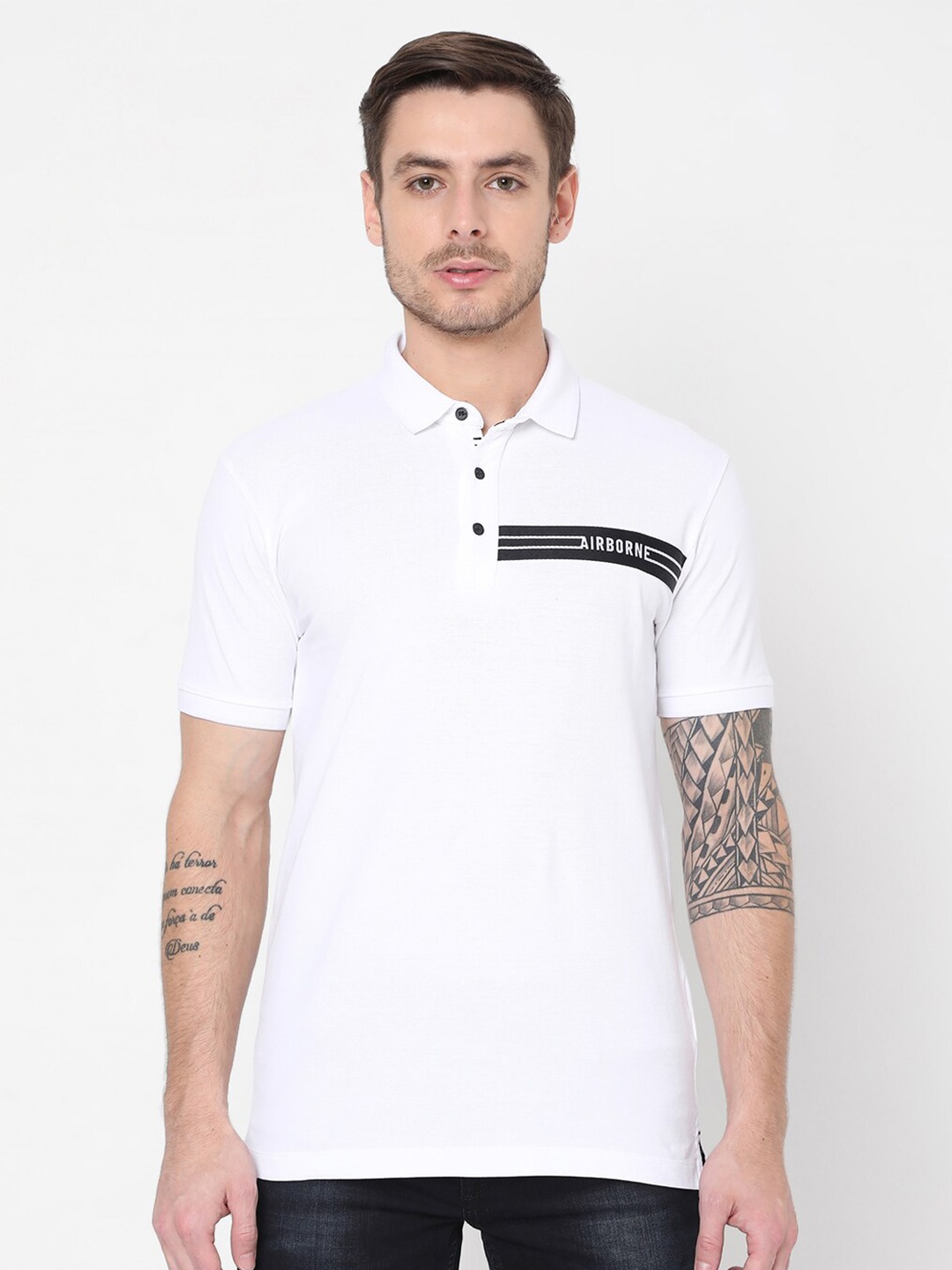 

Mufti Men White Cotton Printed Polo Collar Slim Fit T-shirt