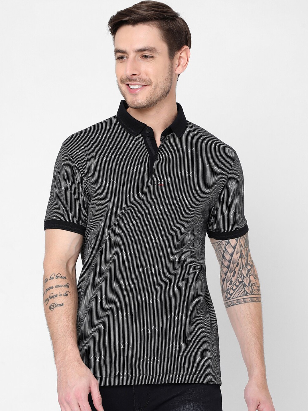 

Mufti Men Black & White Striped Polo Collar Pure Cotton Slim Fit T-shirt
