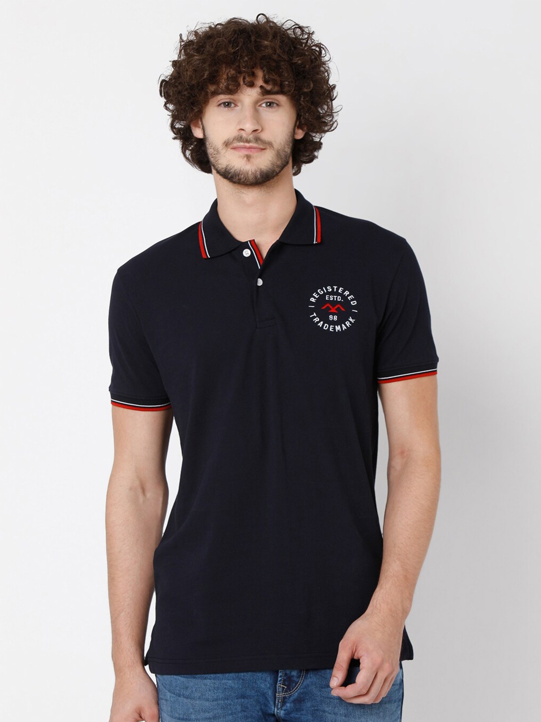 

Mufti Men Navy Blue & Red Solid Polo Collar Slim Fit Cotton T-shirt