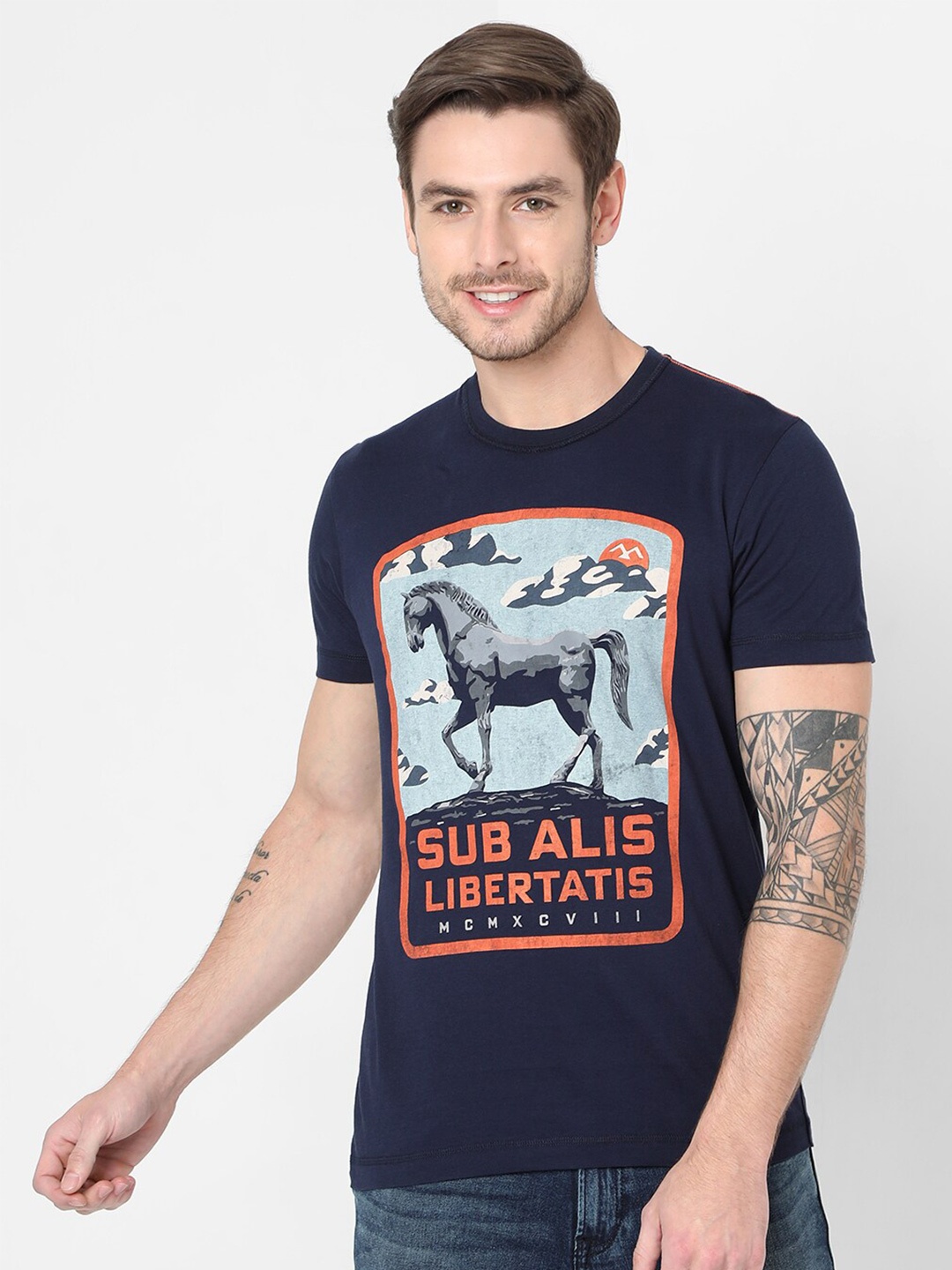 

Mufti Men Navy Blue & Blue Printed Pure Cotton Slim Fit T-shirt