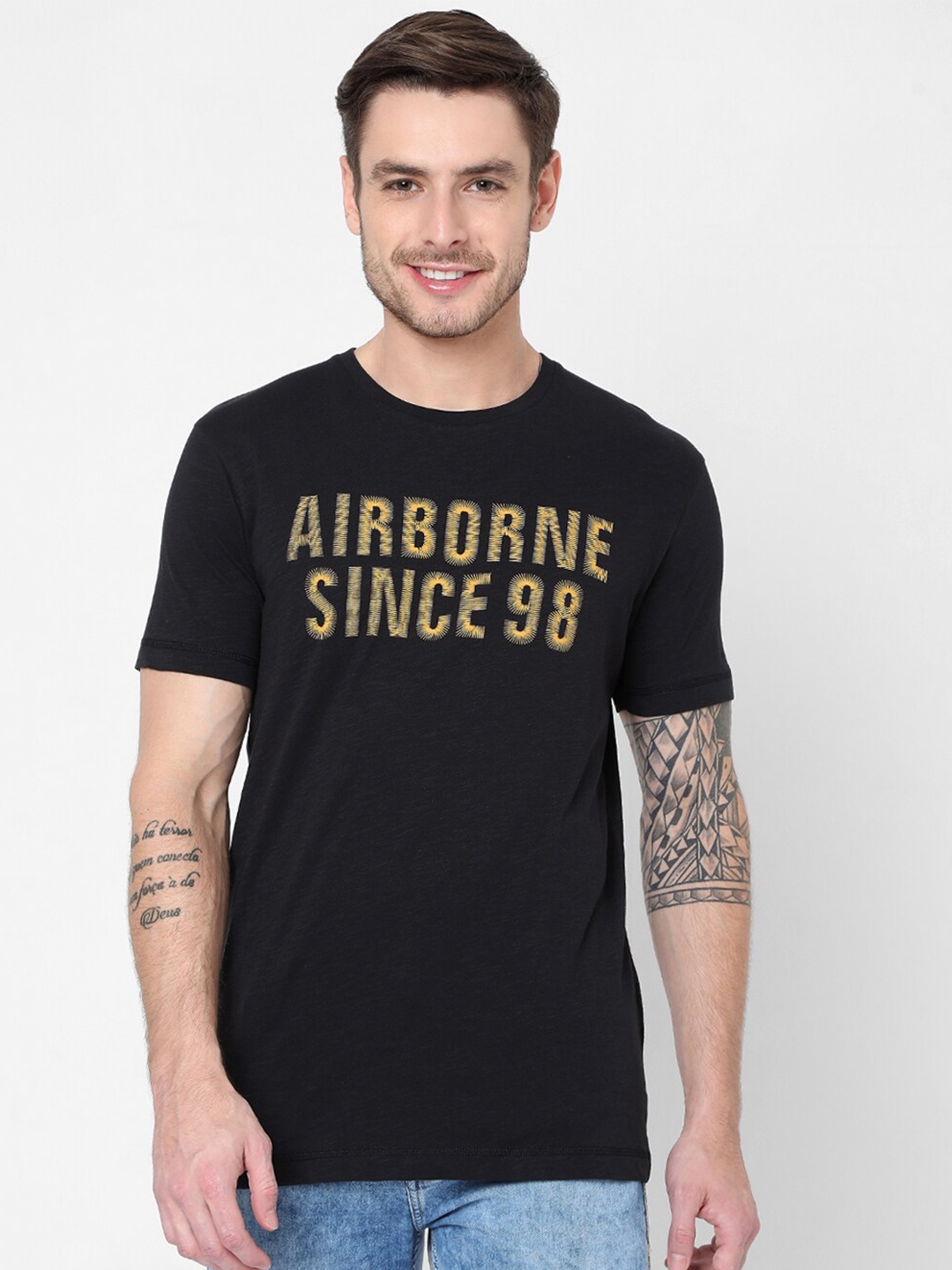 

Mufti Men Black Typography Printed Slim Fit T-shirt