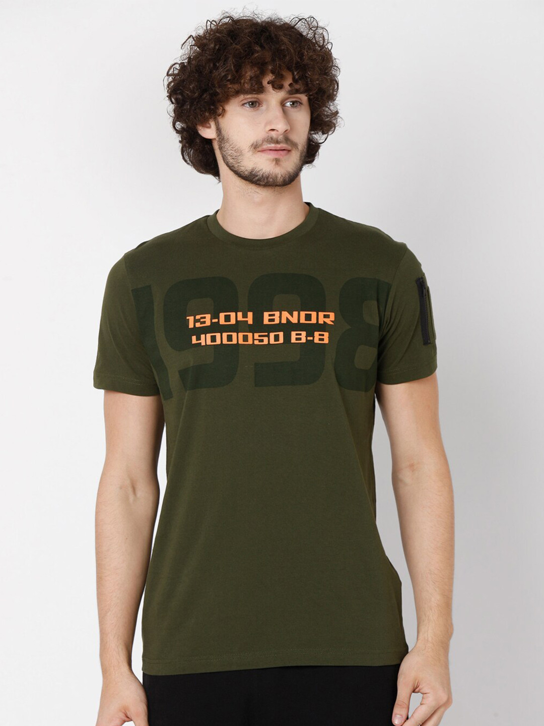 

Mufti Men Olive Green Typography Printed T-shirt