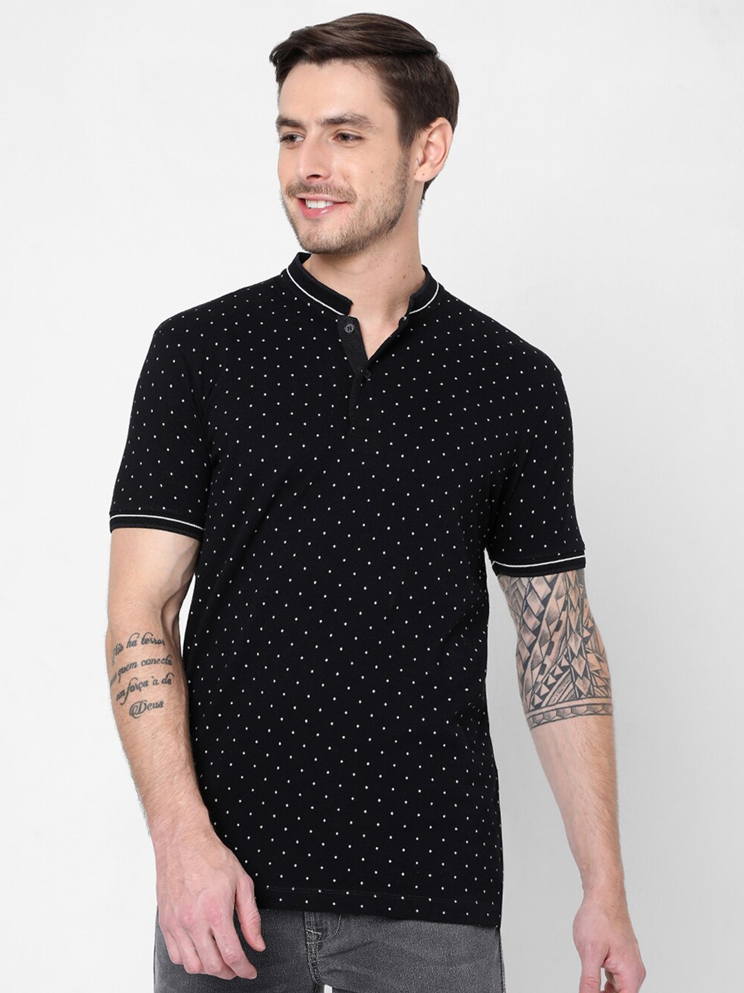 

Mufti Men Black Printed Mandarin Collar Pure Cotton Slim Fit T-shirt