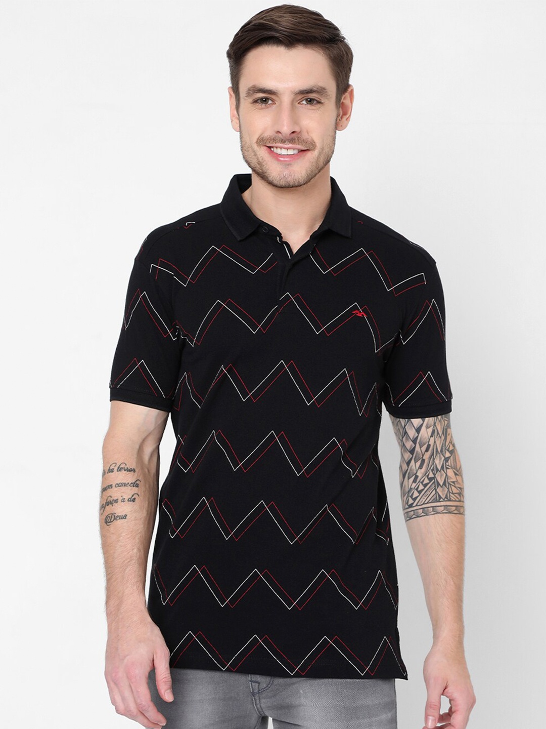 

Mufti Men Black Printed Polo Collar Slim Fit T-shirt