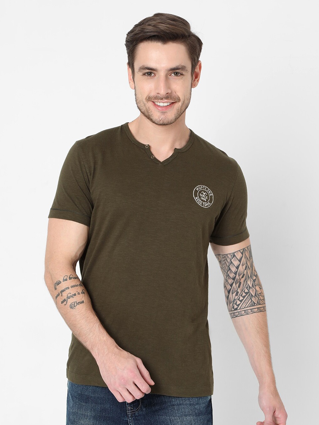 

Mufti Men Olive Green V-Neck Slim Fit Pure Cotton T-shirt