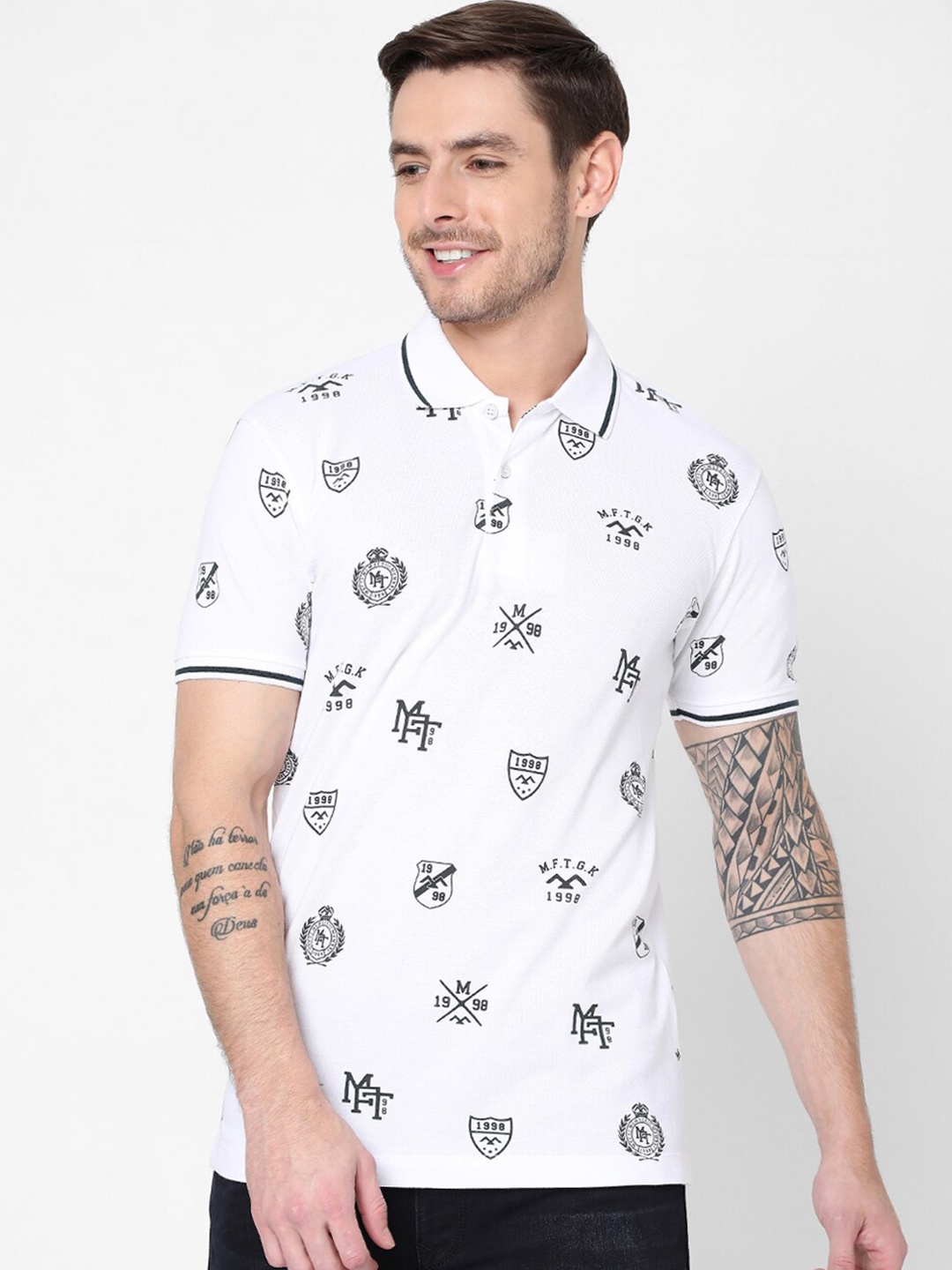 

Mufti Men White Printed Polo Collar Slim Fit Pure Cotton T-shirt