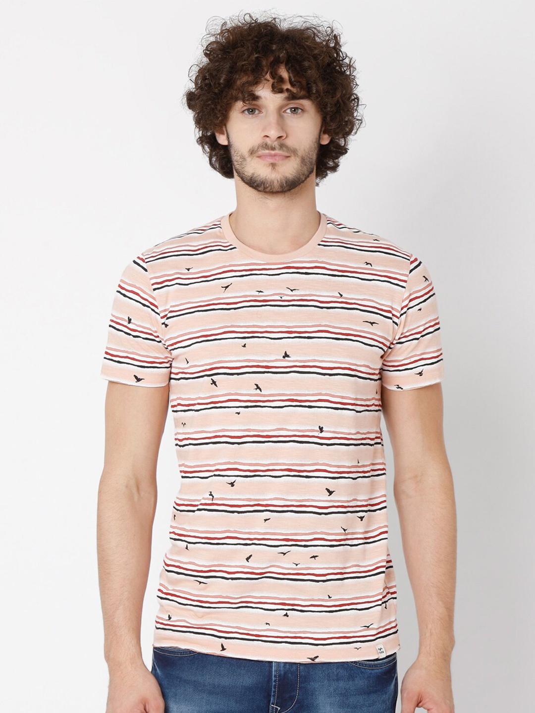 

Mufti Men Pink & Black Striped Pure Cotton Slim Fit T-shirt