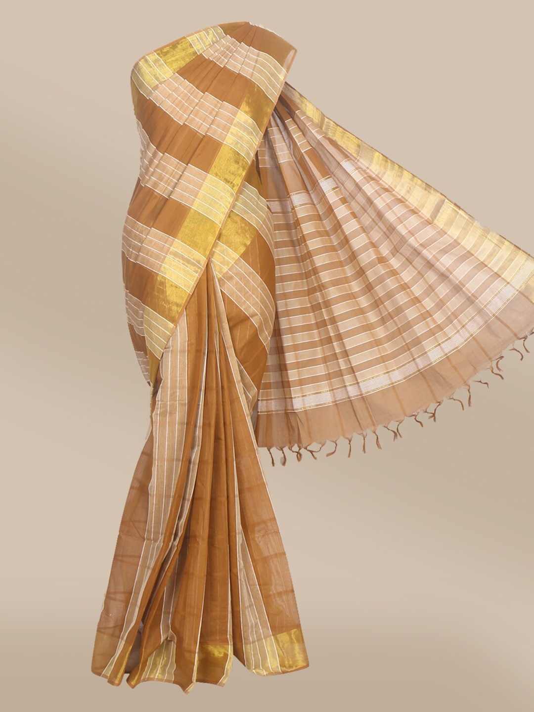 

The Chennai Silks Brown & Gold Toned Striped Pure Cotton Fusion Saree