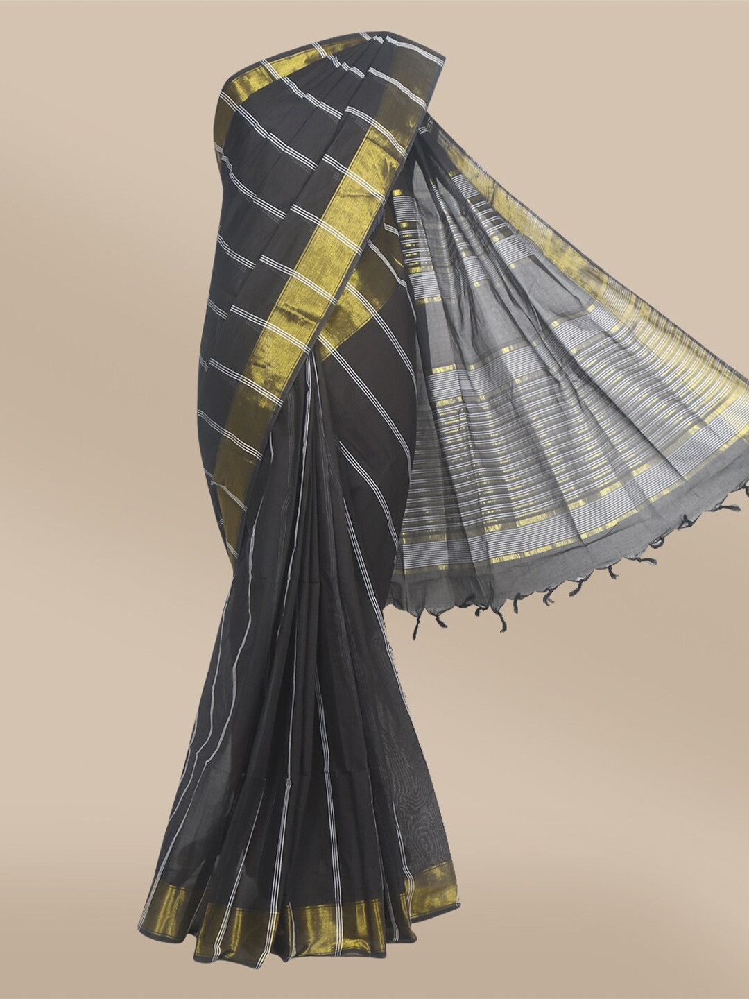 

The Chennai Silks Black & White Striped Zari Pure Cotton Saree