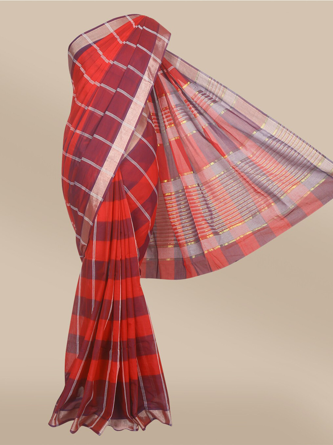 

The Chennai Silks Red & White Striped Zari Pure Cotton Fusion Saree