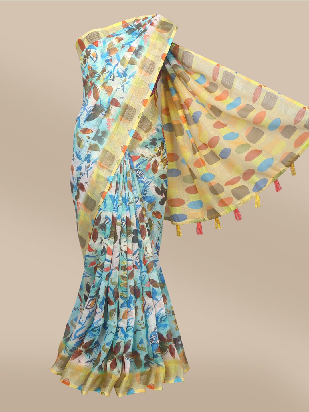 

The Chennai Silks Beige & Blue Floral Printed Linen Blend Saree