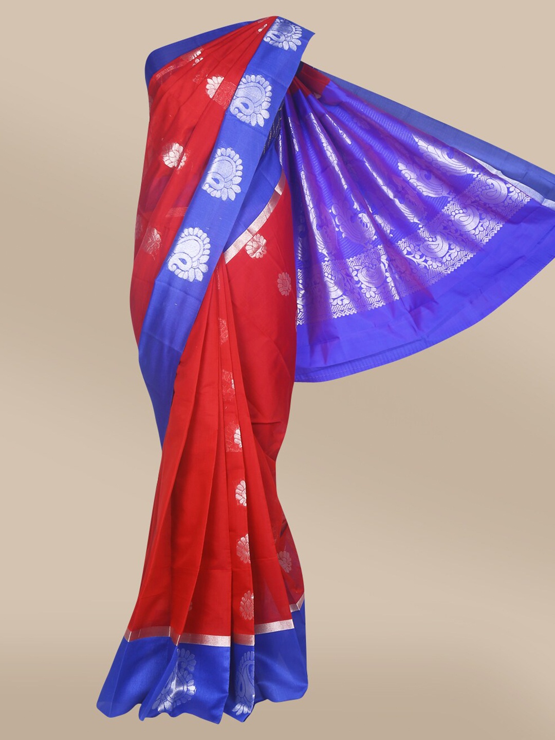 

The Chennai Silks Maroon & Blue Ethnic Motifs Zari Silk Cotton Maheshwari Saree