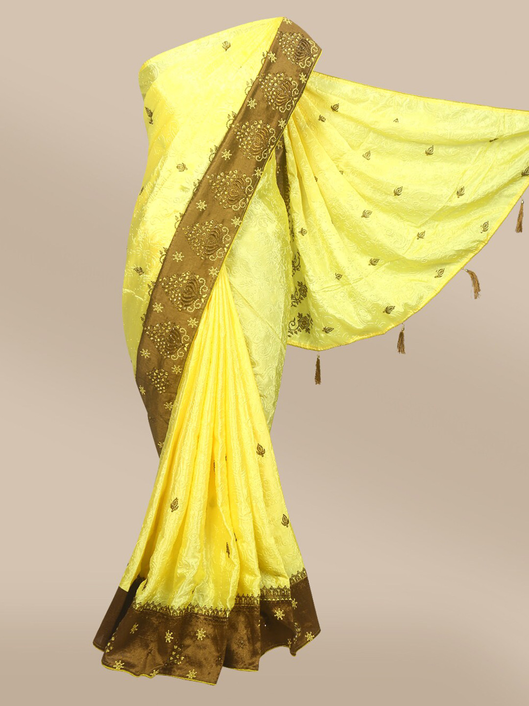 

The Chennai Silks Yellow & Dark Green Floral Embroidered Polyester Saree
