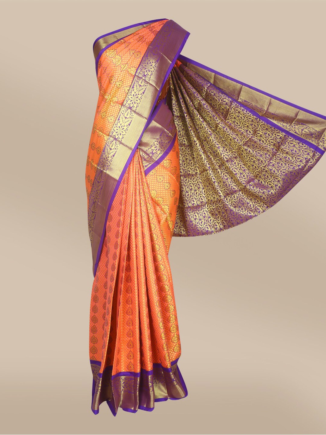 

The Chennai Silks Orange, Purple & Gold-Toned Ethnic Motifs Zari Art Silk Saree