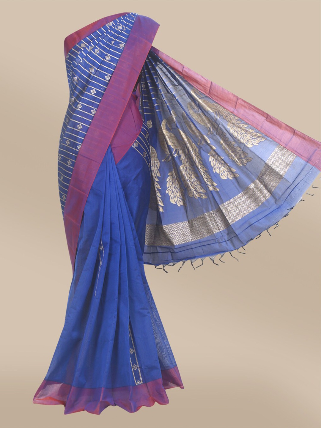 

The Chennai Silks Blue & Purple Ethnic Motifs Zari Silk Cotton Fusion Maheshwari Saree