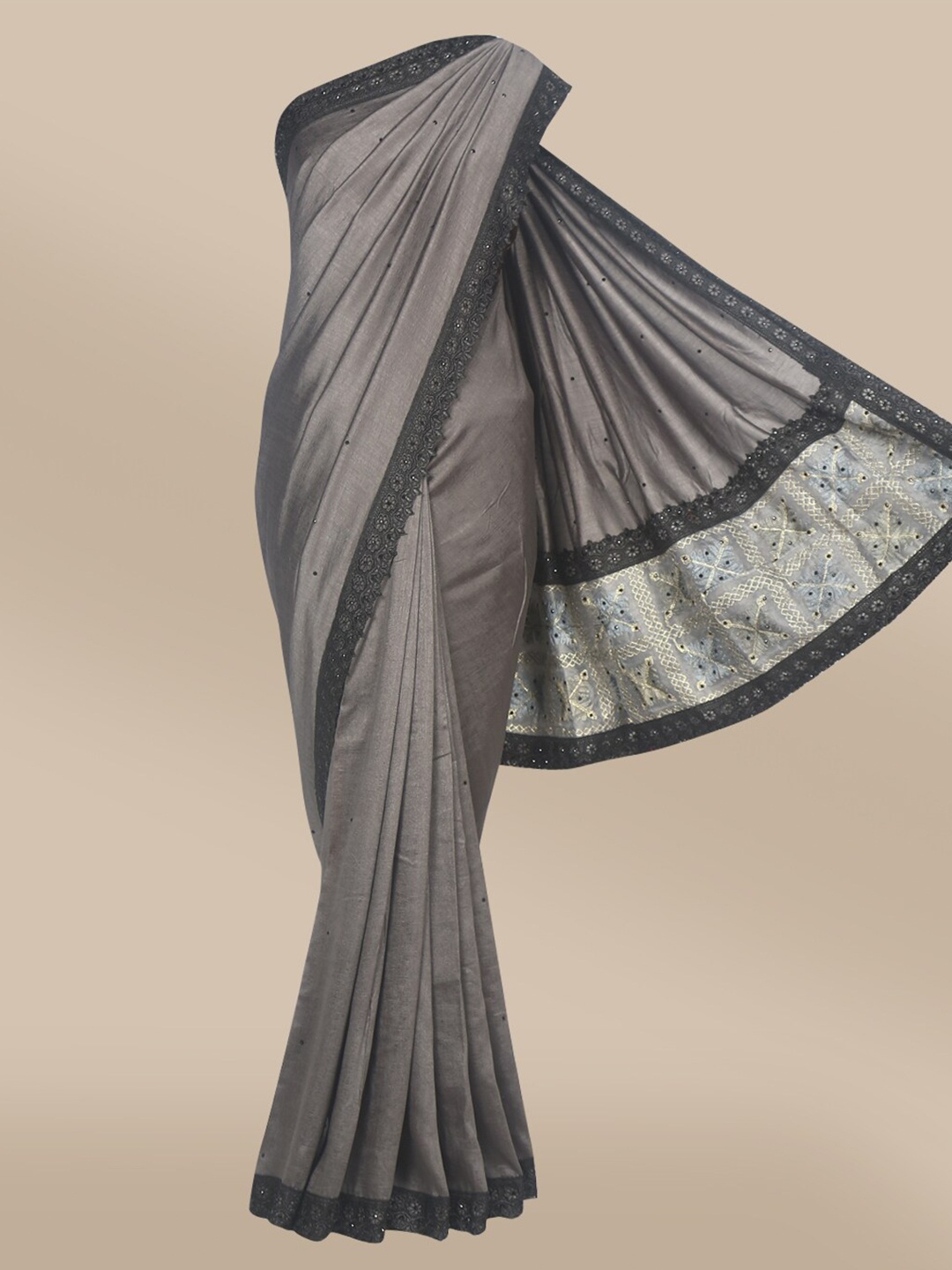 

The Chennai Silks Grey & Black Floral Embroidered Fusion Bhagalpuri Saree