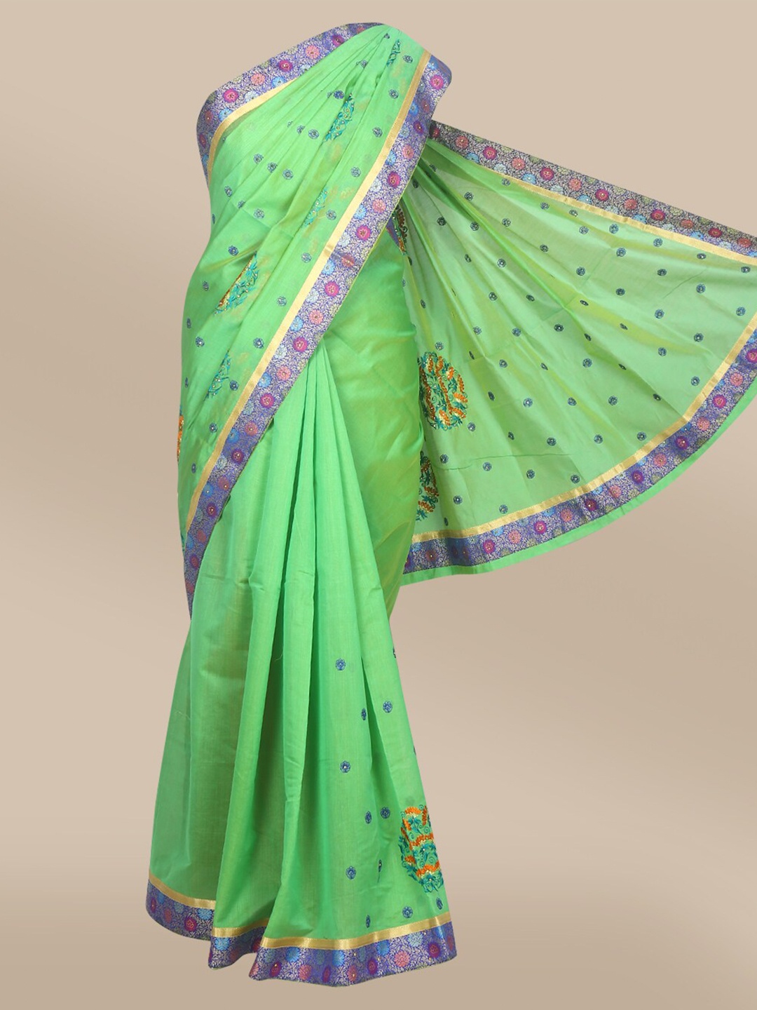 

The Chennai Silks Green & Blue Floral Embellished Pure Cotton Chanderi Saree