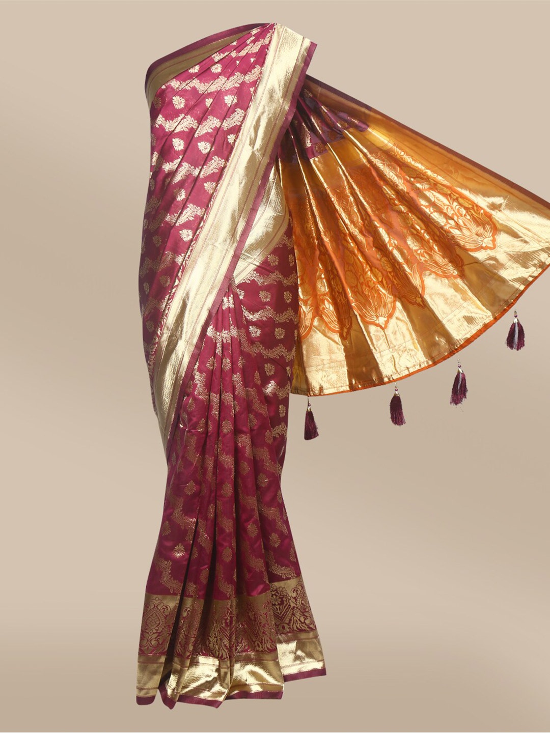 

The Chennai Silks Maroon & Gold-Toned Ethnic Motifs Art Silk Banarasi Saree