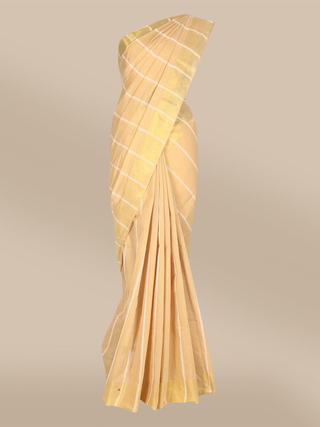 

The Chennai Silks Khaki & Gold-Toned Striped Pure Cotton Fusion Saree