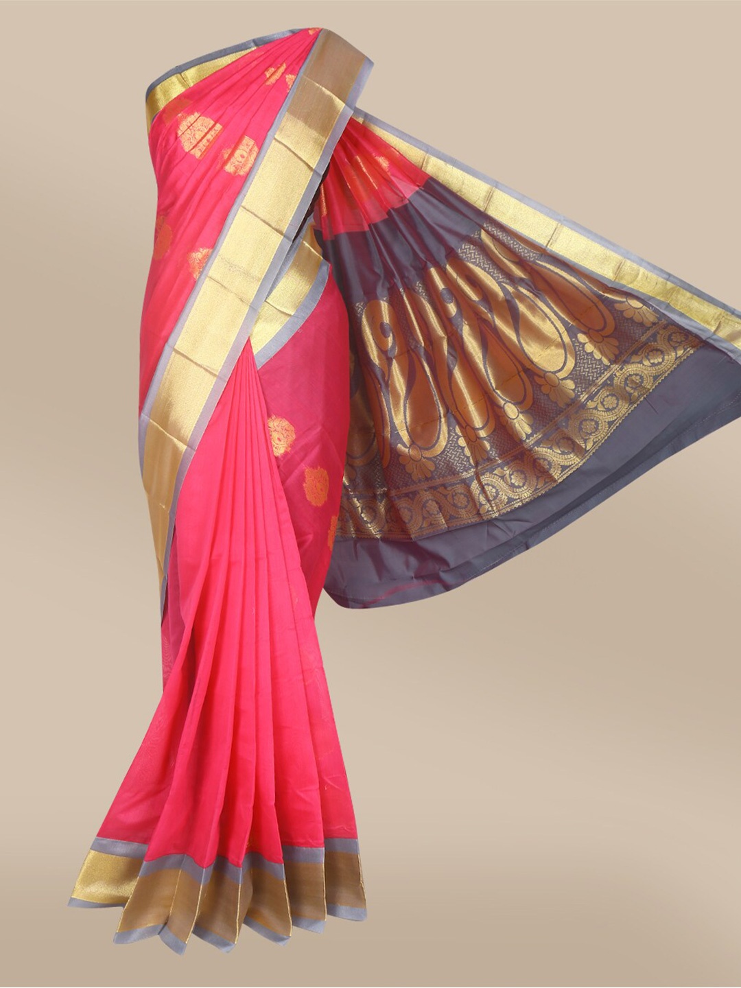 

The Chennai Silks Pink & Grey Ethnic Motifs Zari Silk Cotton Maheshwari Saree