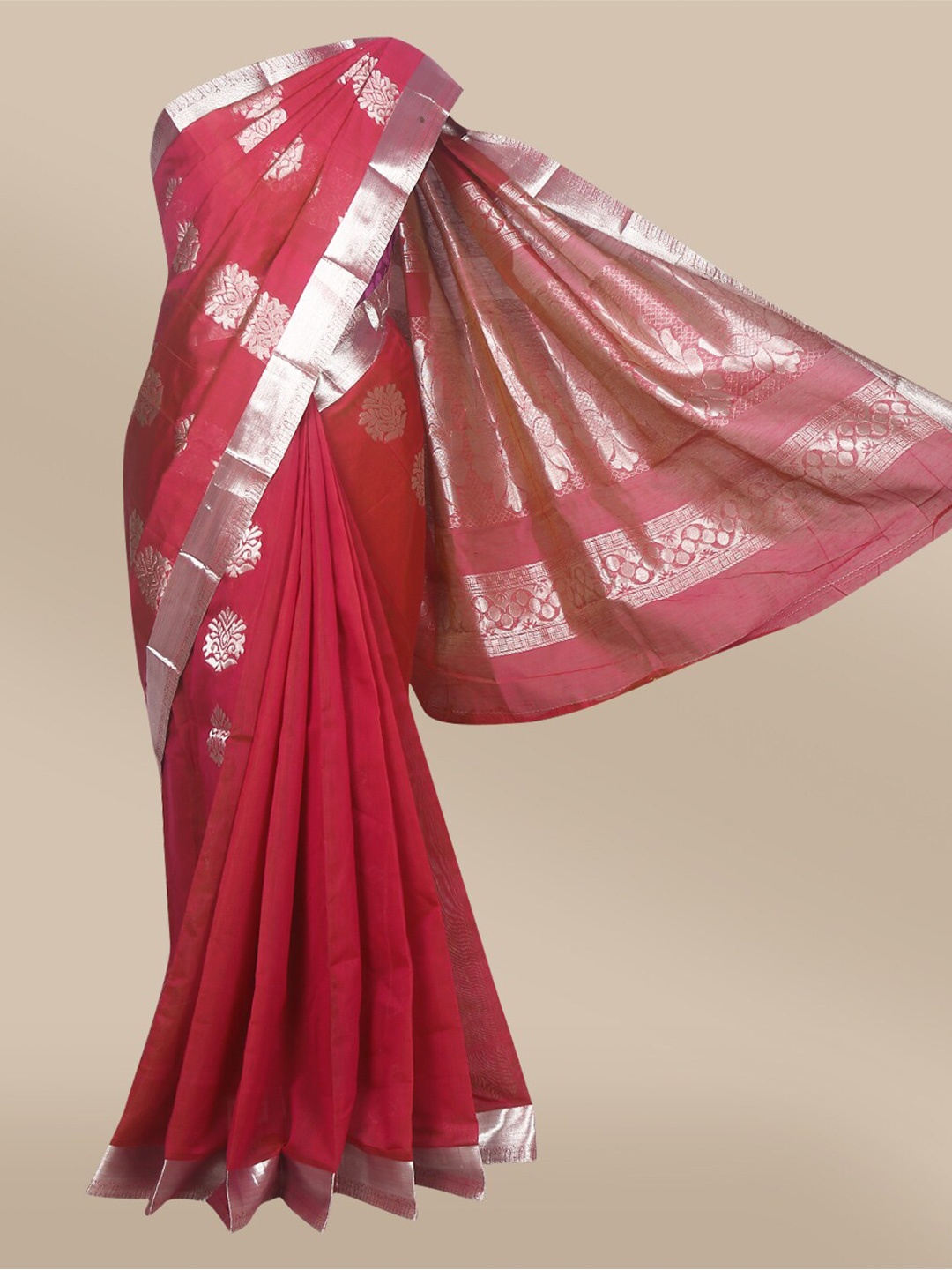 

The Chennai Silks Purple & Silver-Toned Ethnic Motifs Zari Silk Cotton Fusion Maheshwari Saree