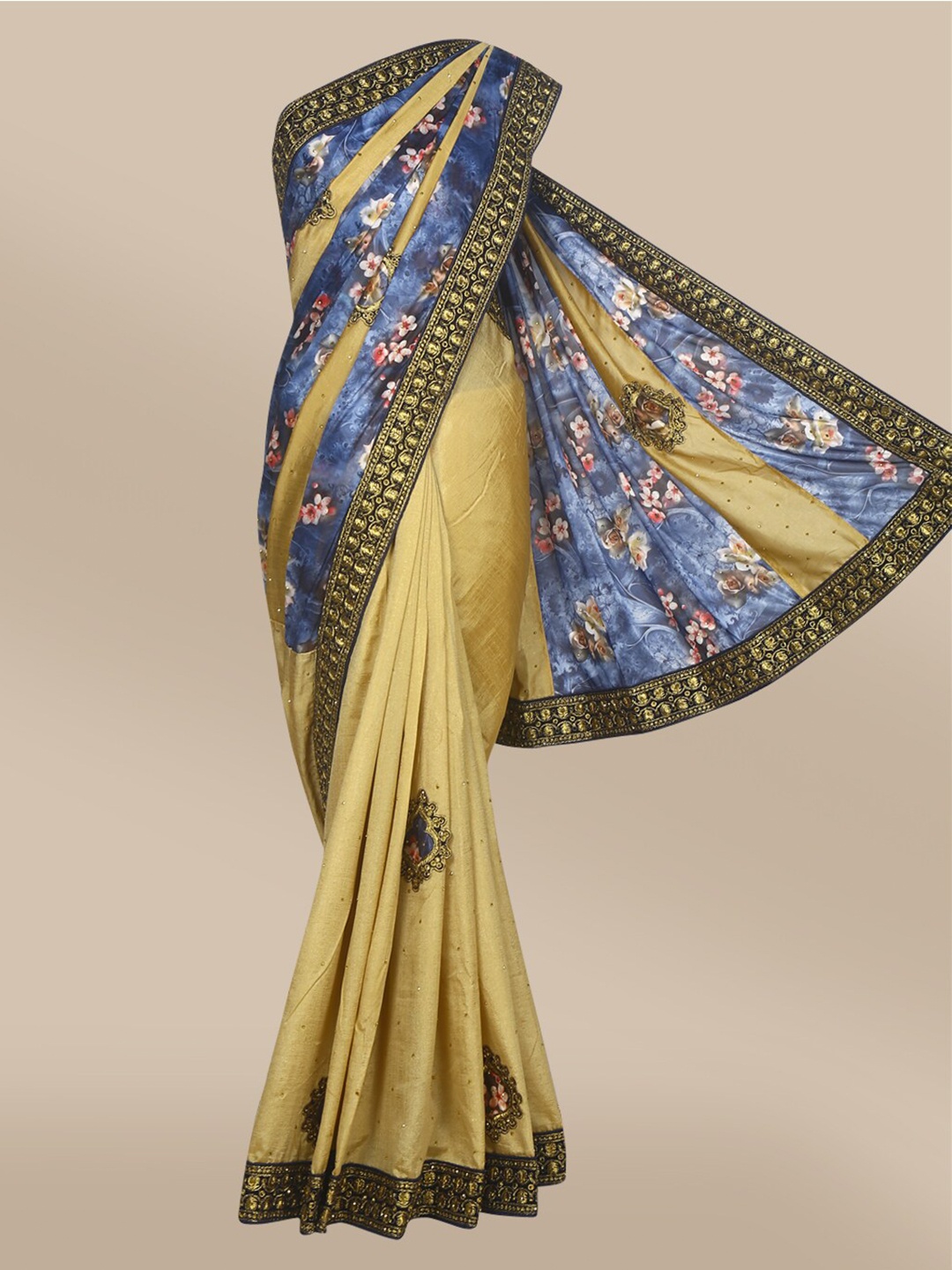

The Chennai Silks Gold-Toned & Blue Embellished Beads and Stones Fusion Saree