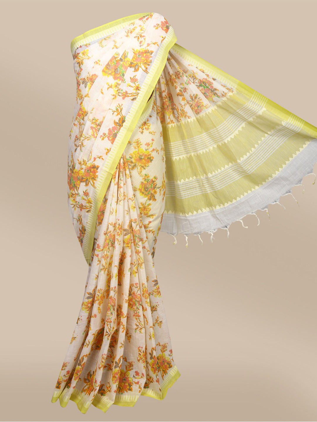 

The Chennai Silks Off White & Orange Floral Printed Pure Cotton Narayan Peth Saree