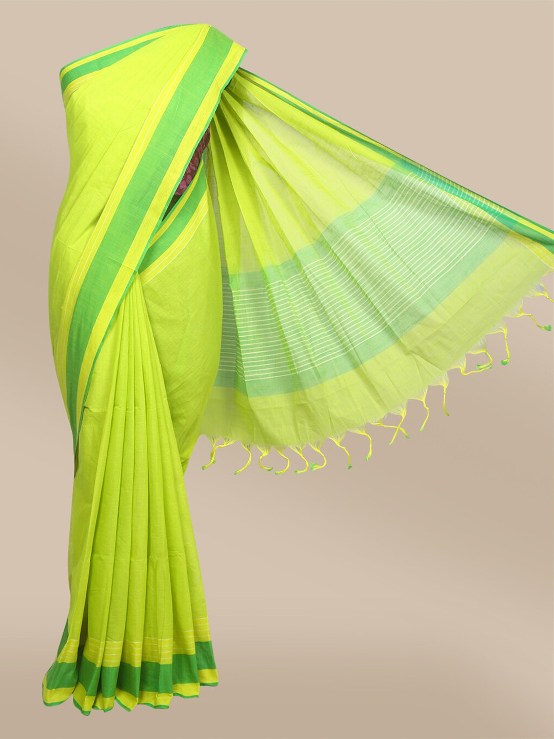 

The Chennai Silks Green & Yellow Striped Pure Cotton Narayan Peth Saree
