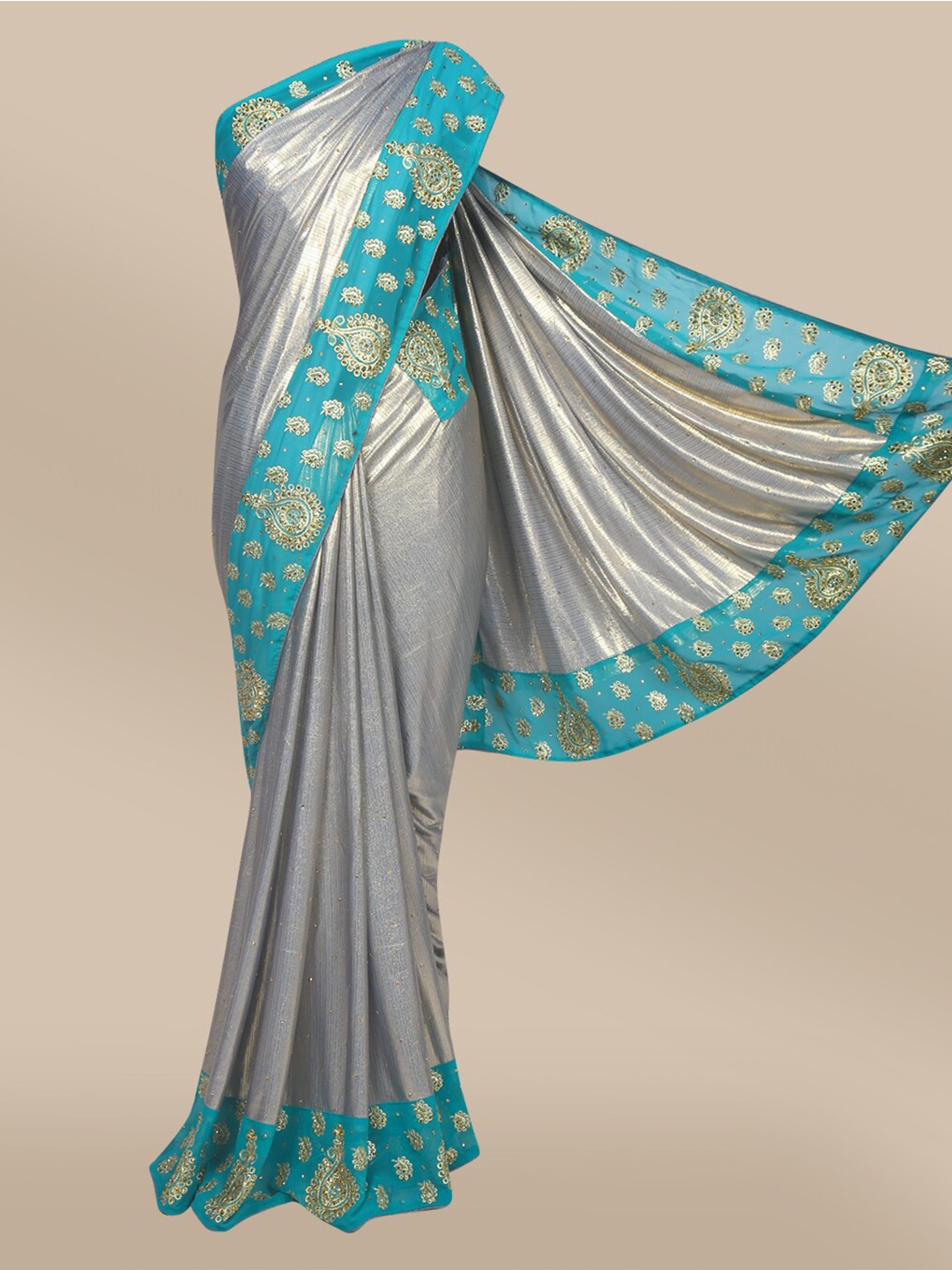 

The Chennai Silks Grey & Blue Embellished Saree