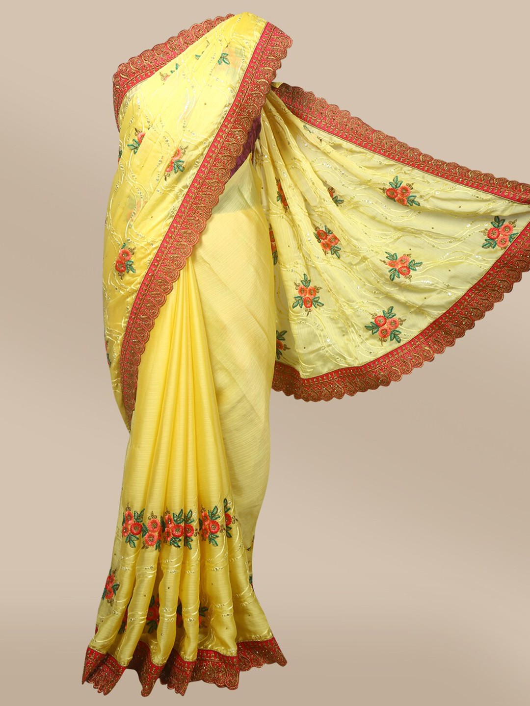 

The Chennai Silks Yellow & Red Floral Sequinned Saree