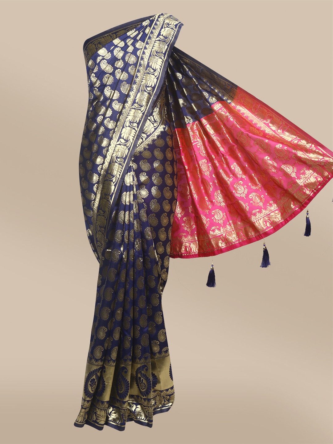 

The Chennai Silks Navy Blue & Pink Ethnic Motifs Art Silk Banarasi Saree