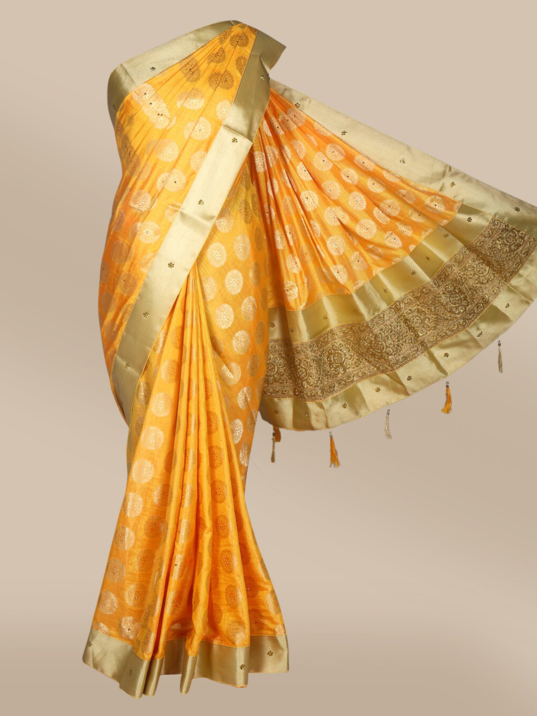 

The Chennai Silks Orange & Gold-Toned Woven Design Bhagalpuri Saree