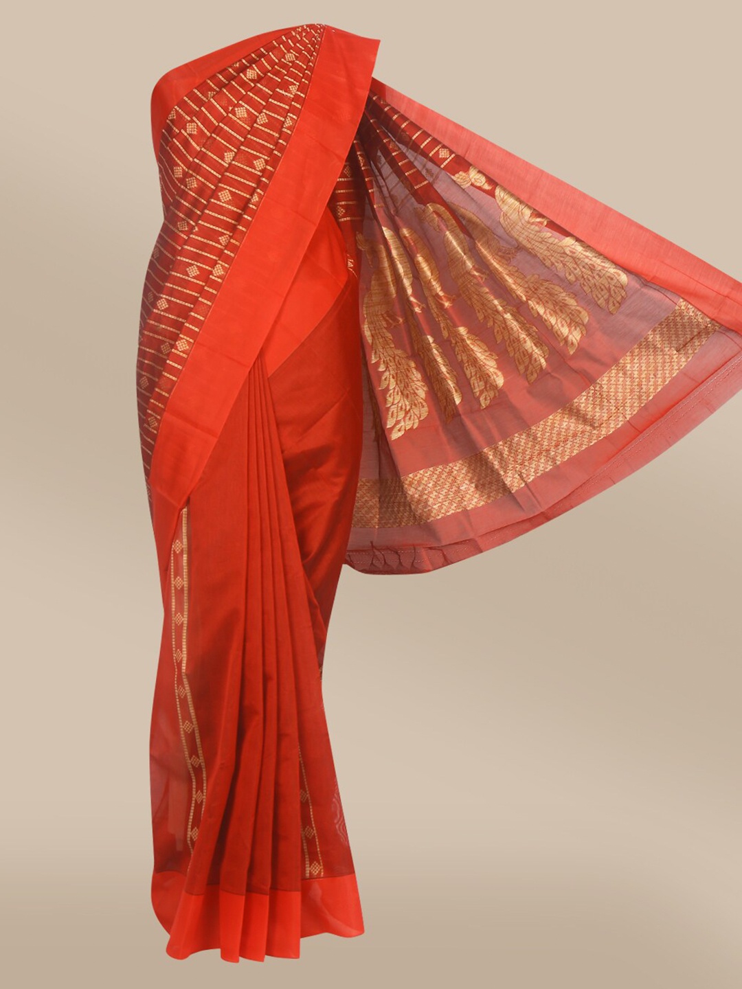 

The Chennai Silks Maroon & Beige Ethnic Motifs Zari Silk Cotton Maheshwari Saree