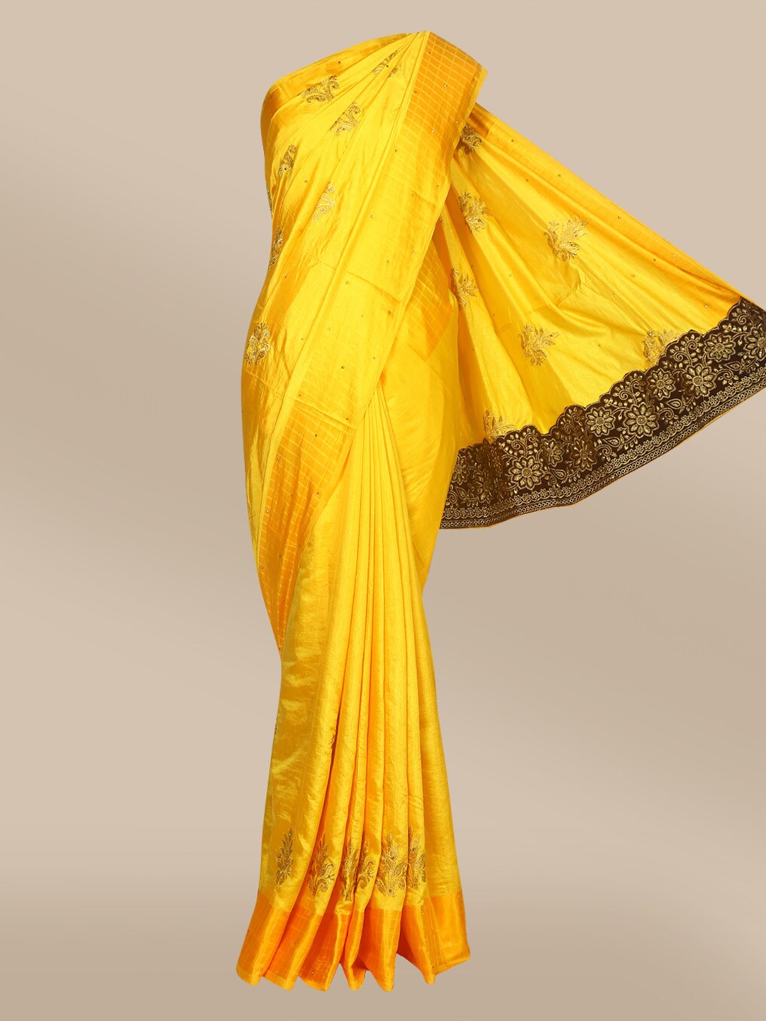 

The Chennai Silks Yellow & Black Floral Beads & Stones Saree