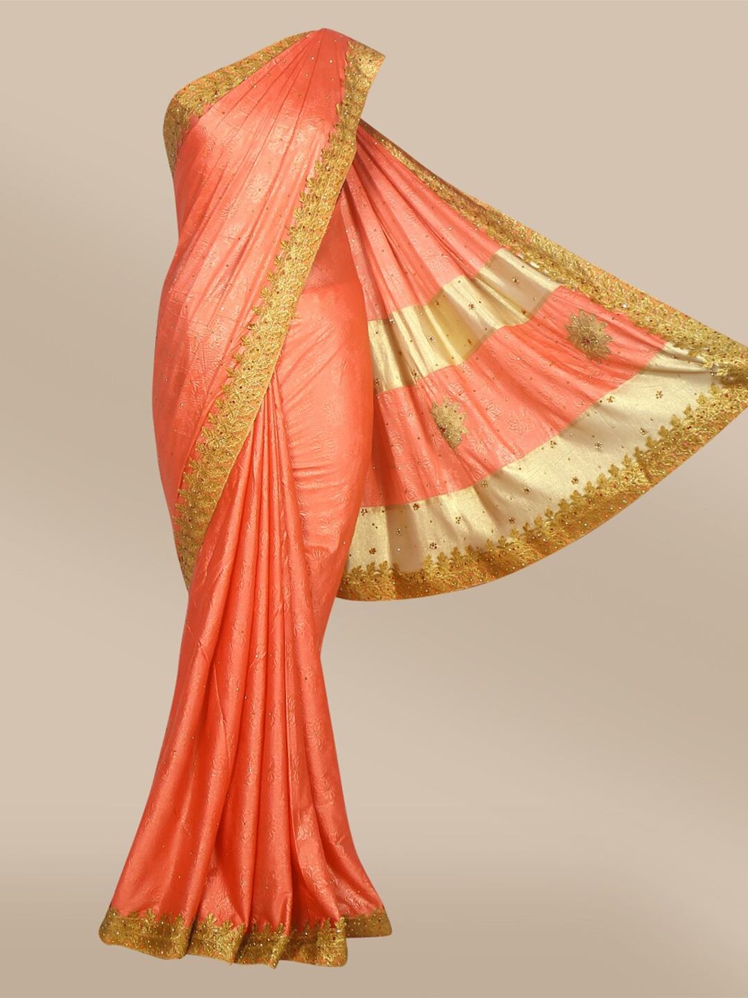 

The Chennai Silks Peach-Coloured & Gold-Toned Floral Beads and Stones Saree