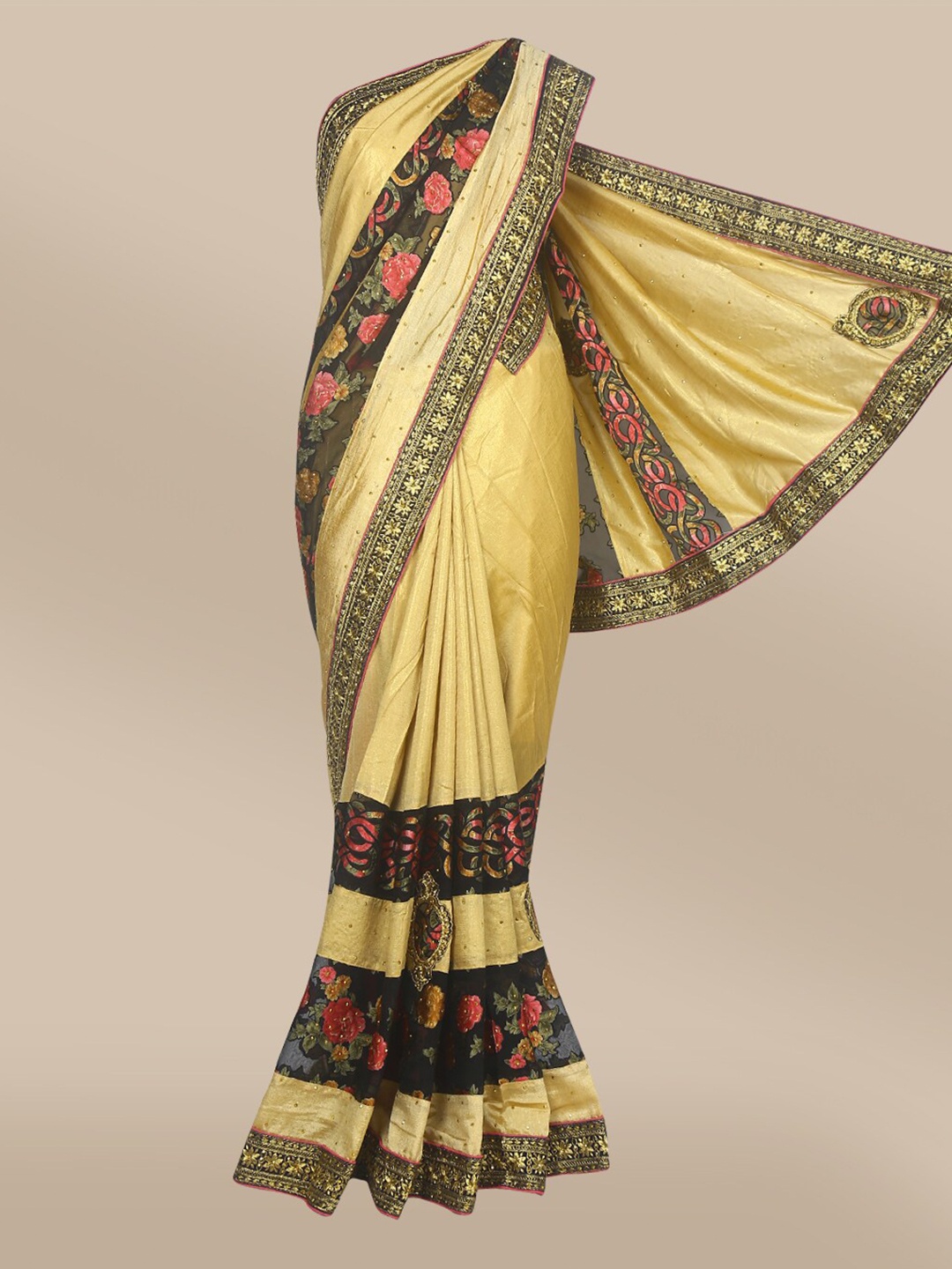 

The Chennai Silks Black & Beige Floral Beads and Stones Saree