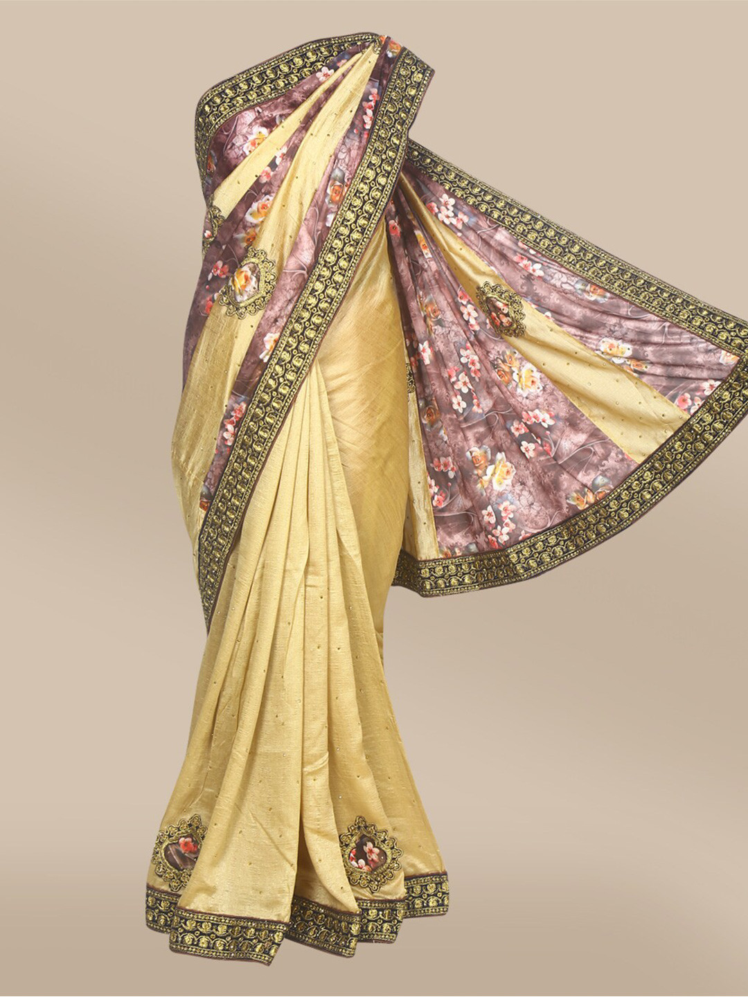 

The Chennai Silks Brown & Purple Floral Beads and Stones Fusion Saree