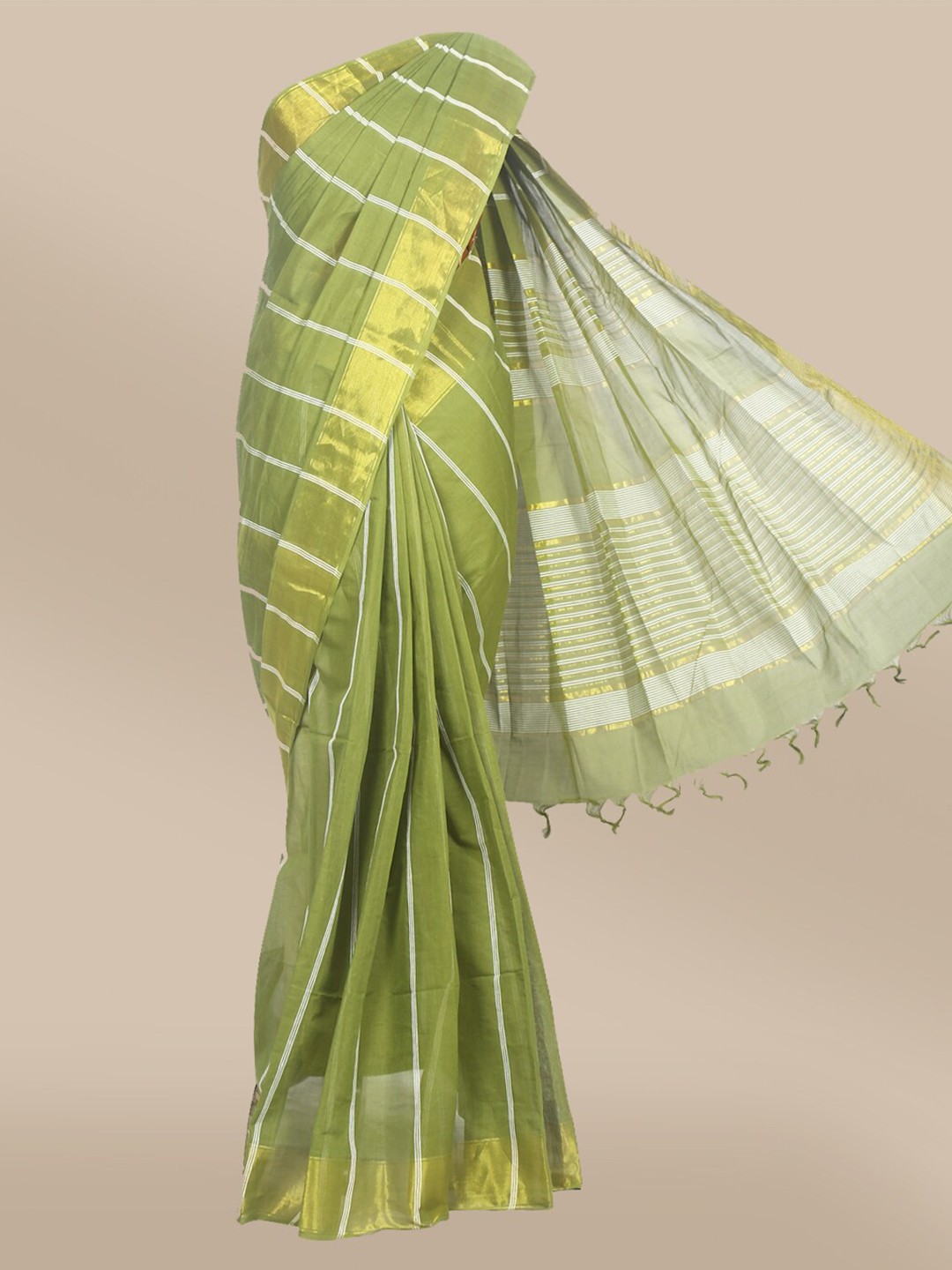 

The Chennai Silks Green & White Striped Pure Cotton Saree