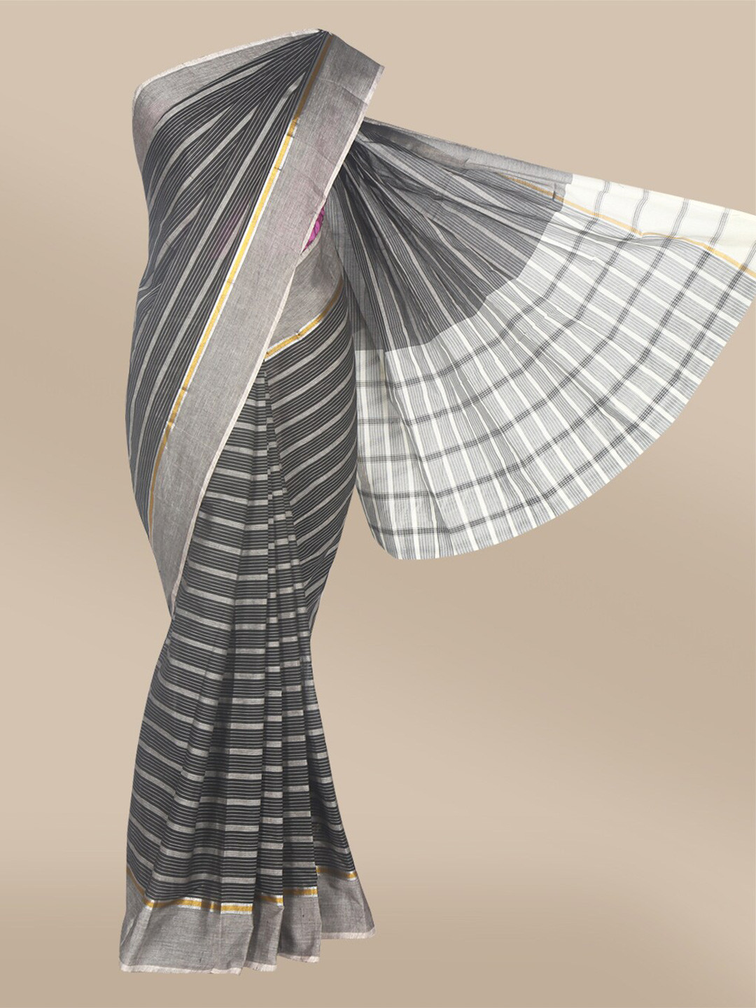 

The Chennai Silks Black & Grey Striped Pure Cotton Saree