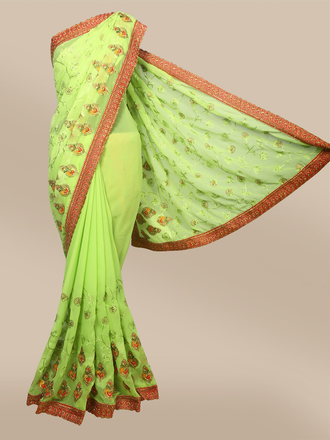 

The Chennai Silks Green & Red Floral Embroidered Fusion Saree