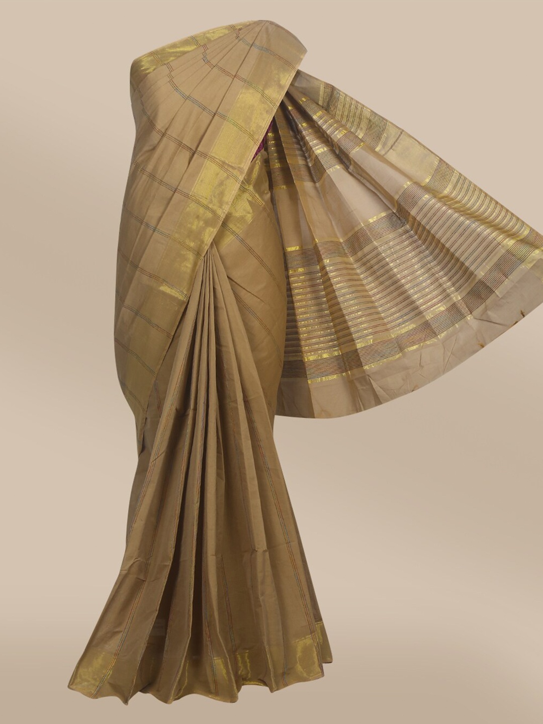 

The Chennai Silks Khaki Striped Zari Pure Cotton Saree