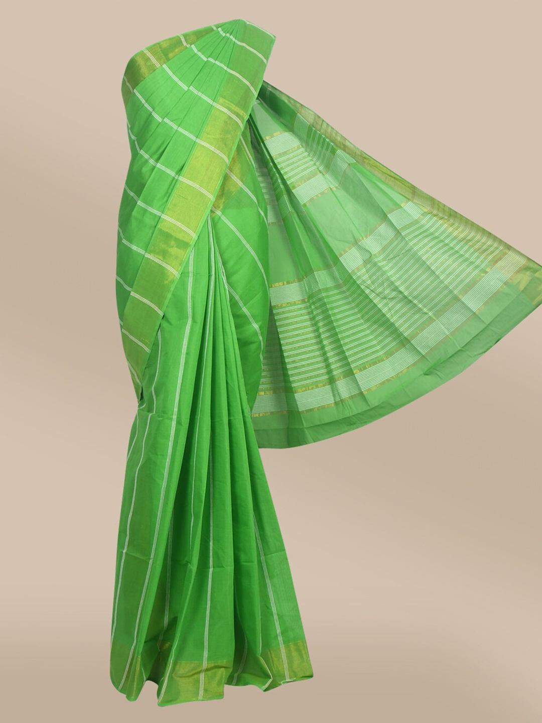 

The Chennai Silks Green & Gold-Toned Striped Zari Pure Cotton Saree