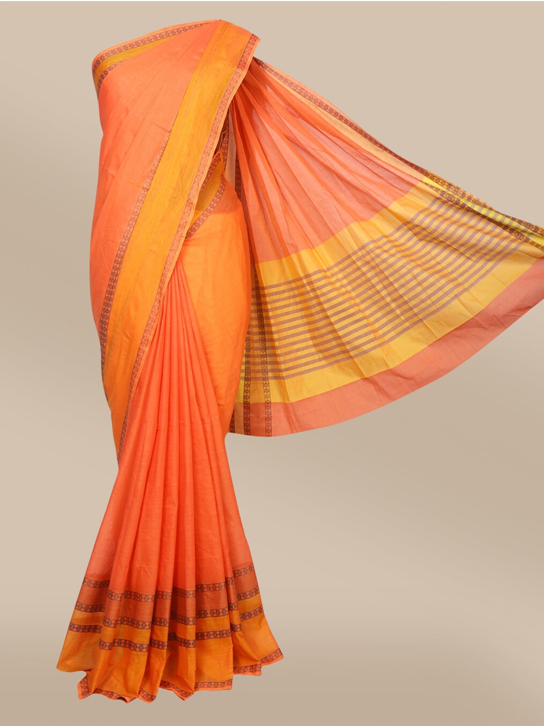

The Chennai Silks Orange & Yellow Zari Pure Cotton Narayan Peth Saree