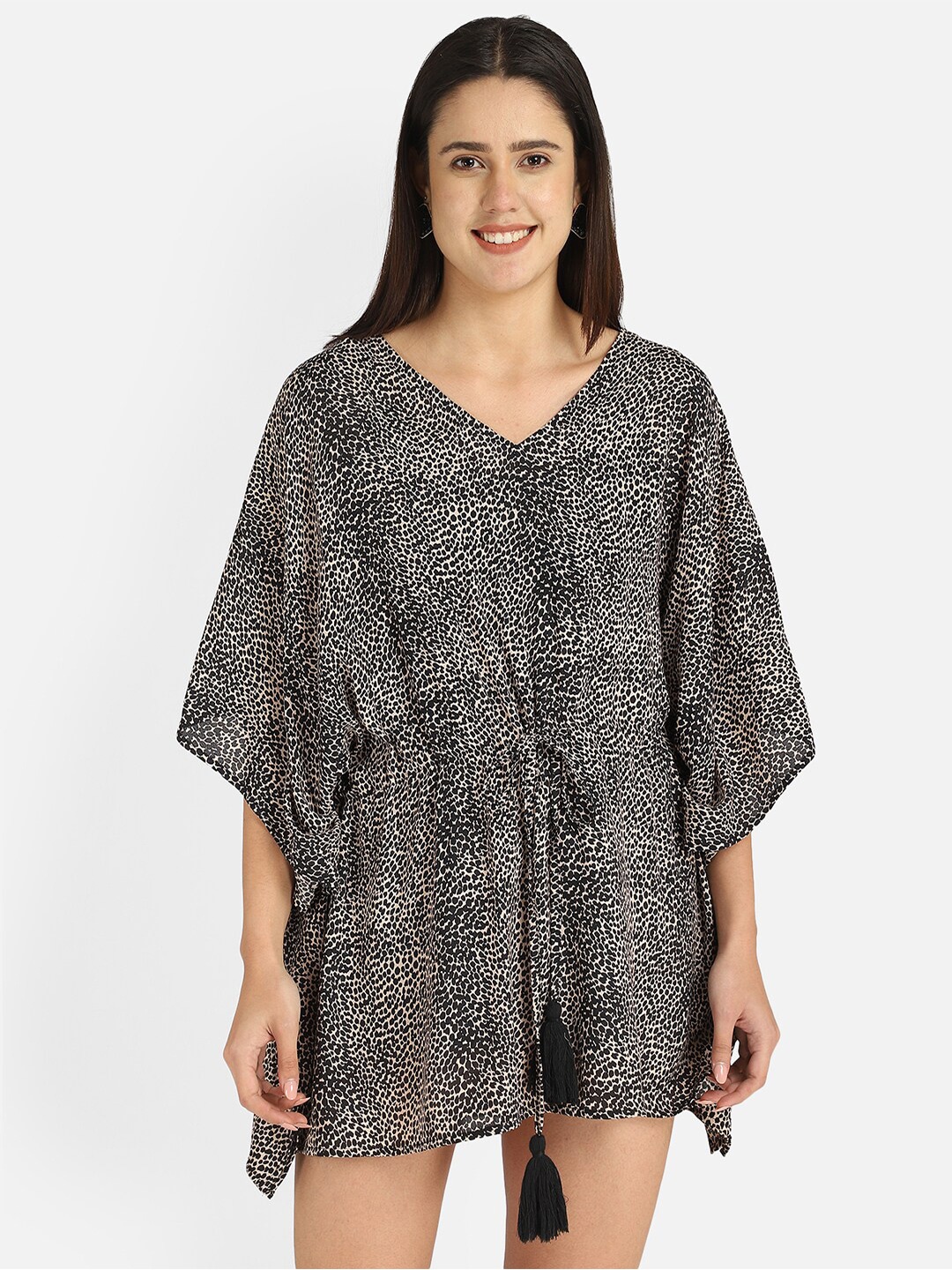 

Aditi Wasan Black Leopard Printed Kaftan Mini Dress