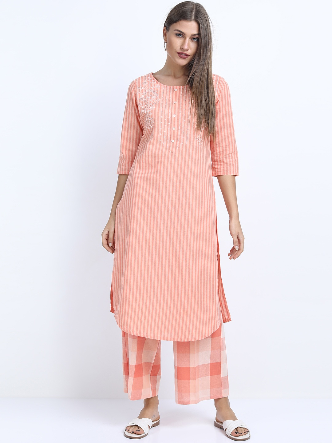 

Vishudh Women Coral Striped Embroidered Pure Cotton Kurta with Palazzo