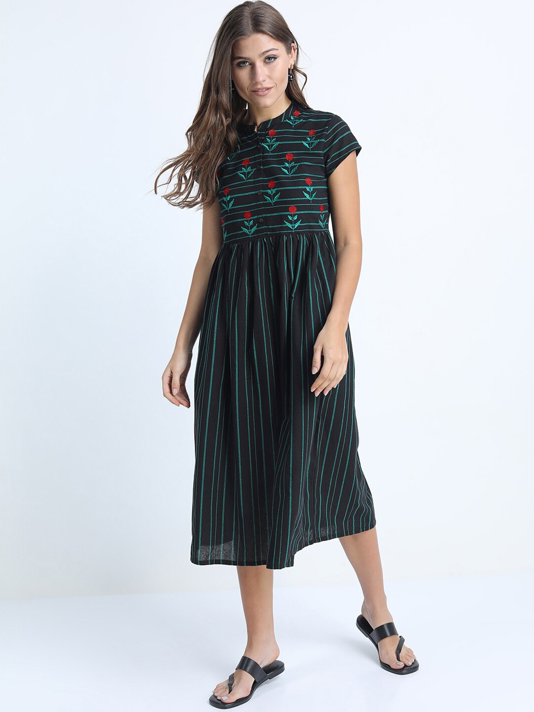 

Vishudh Black & Green Striped Ethnic Midi Dress