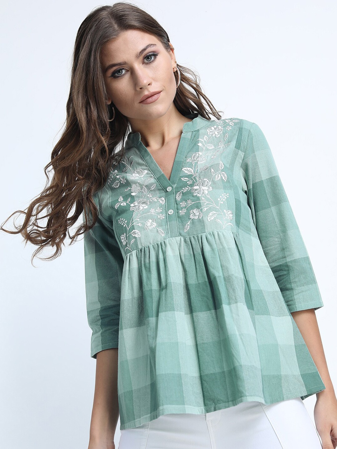 

Vishudh Blue Print Mandarin Collar Shirt Style Top